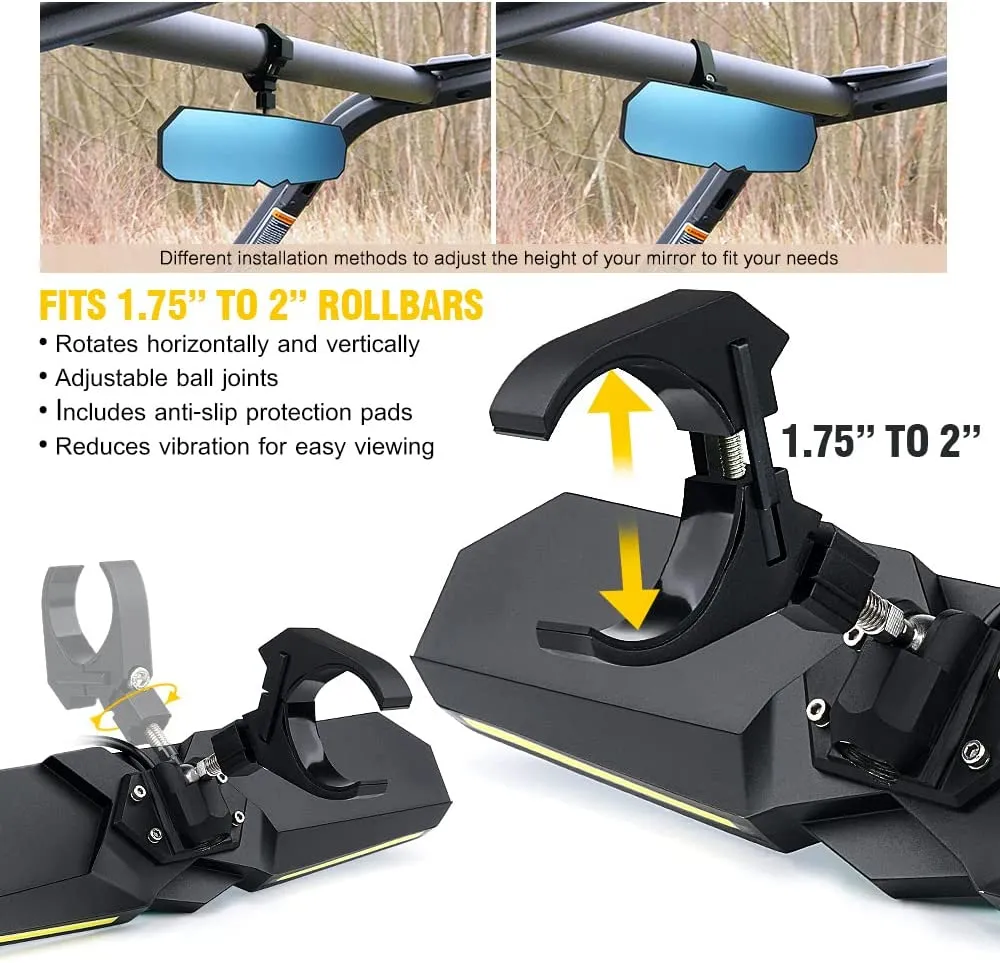 13" UTV Rearview Center Mirror, w/ COB LED Lights & Rocker Switch