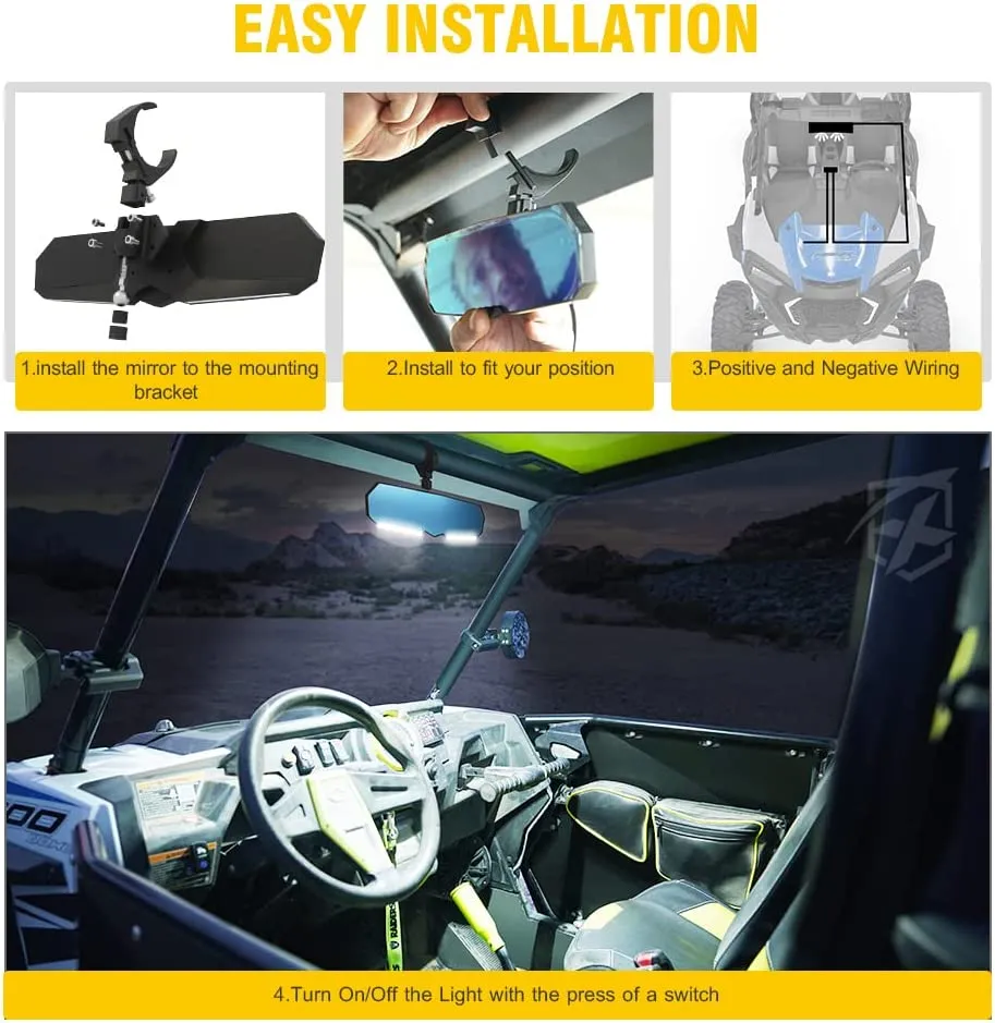 13" UTV Rearview Center Mirror, w/ COB LED Lights & Rocker Switch
