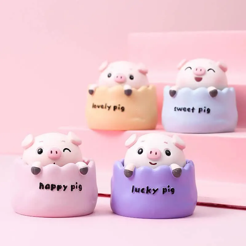 2 pcs Yellow Cute Pig Head Bobblehead Car Ornament | Resin Pig Doll | Car Dashboard Decoration | 6.5x7cm