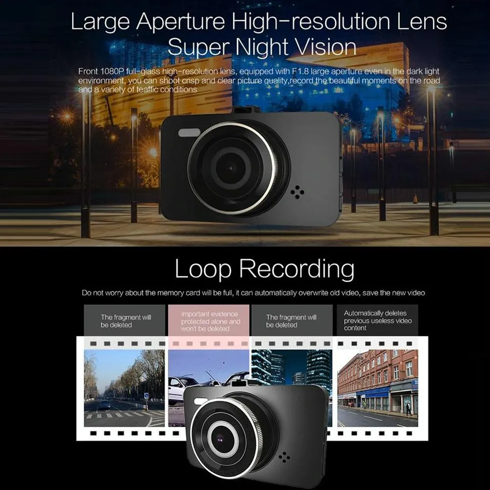 3 Car Dash Cam with 1080P HD Night Vision & 170 Degree View