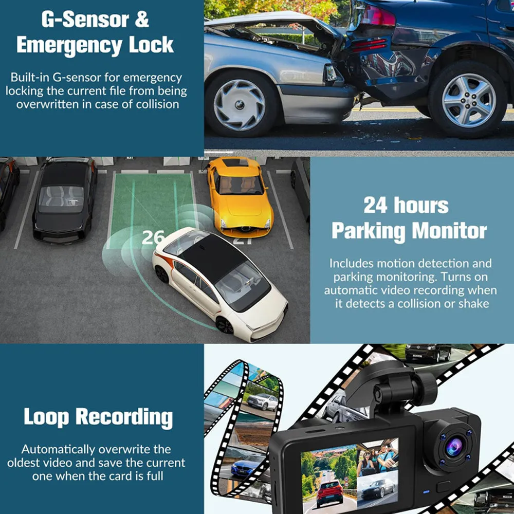 3 Channel Car DVR | HD 1080P | Vehicle Dash Cam | Three-Way Camera | DVR Recorder | 32GB Card