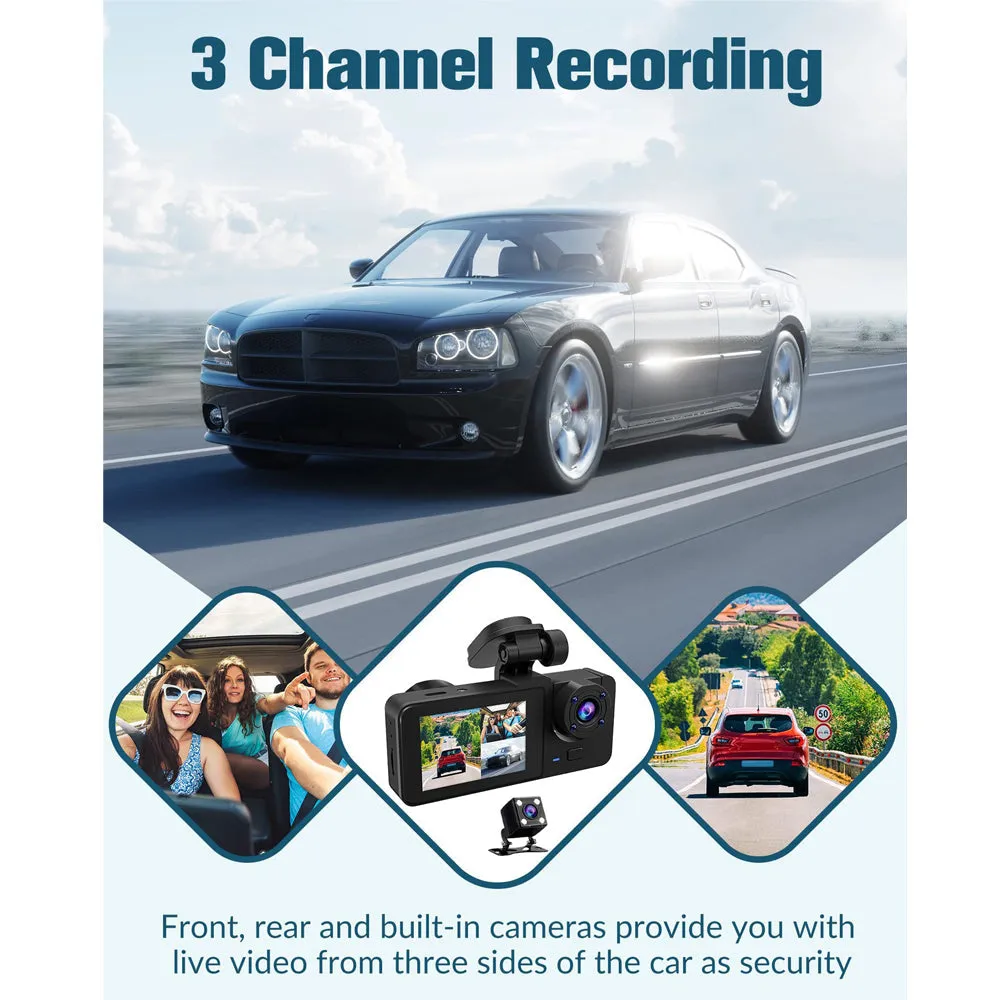 3 Channel Car DVR | HD 1080P | Vehicle Dash Cam | Three-Way Camera | DVR Recorder | 32GB Card