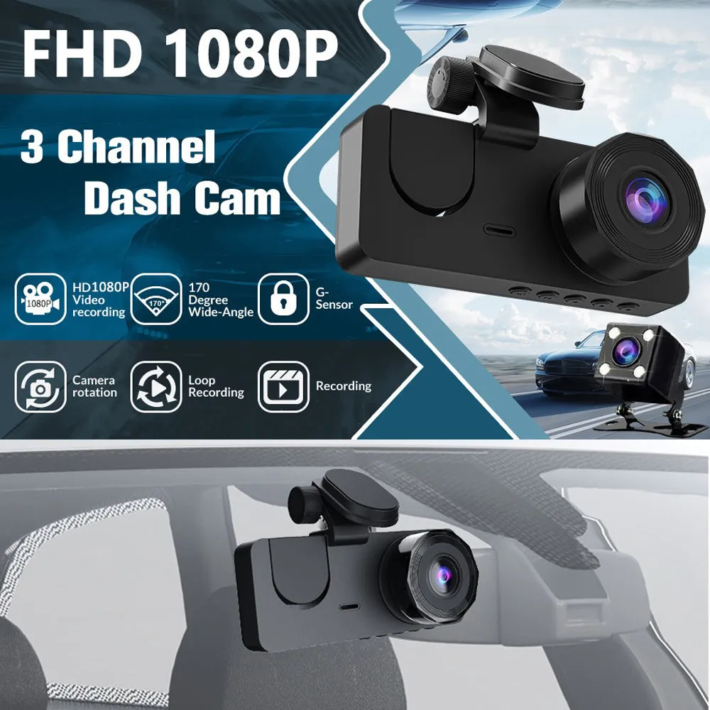 3 Channel Car DVR | HD 1080P | Vehicle Dash Cam | Three-Way Camera | DVR Recorder | 32GB Card