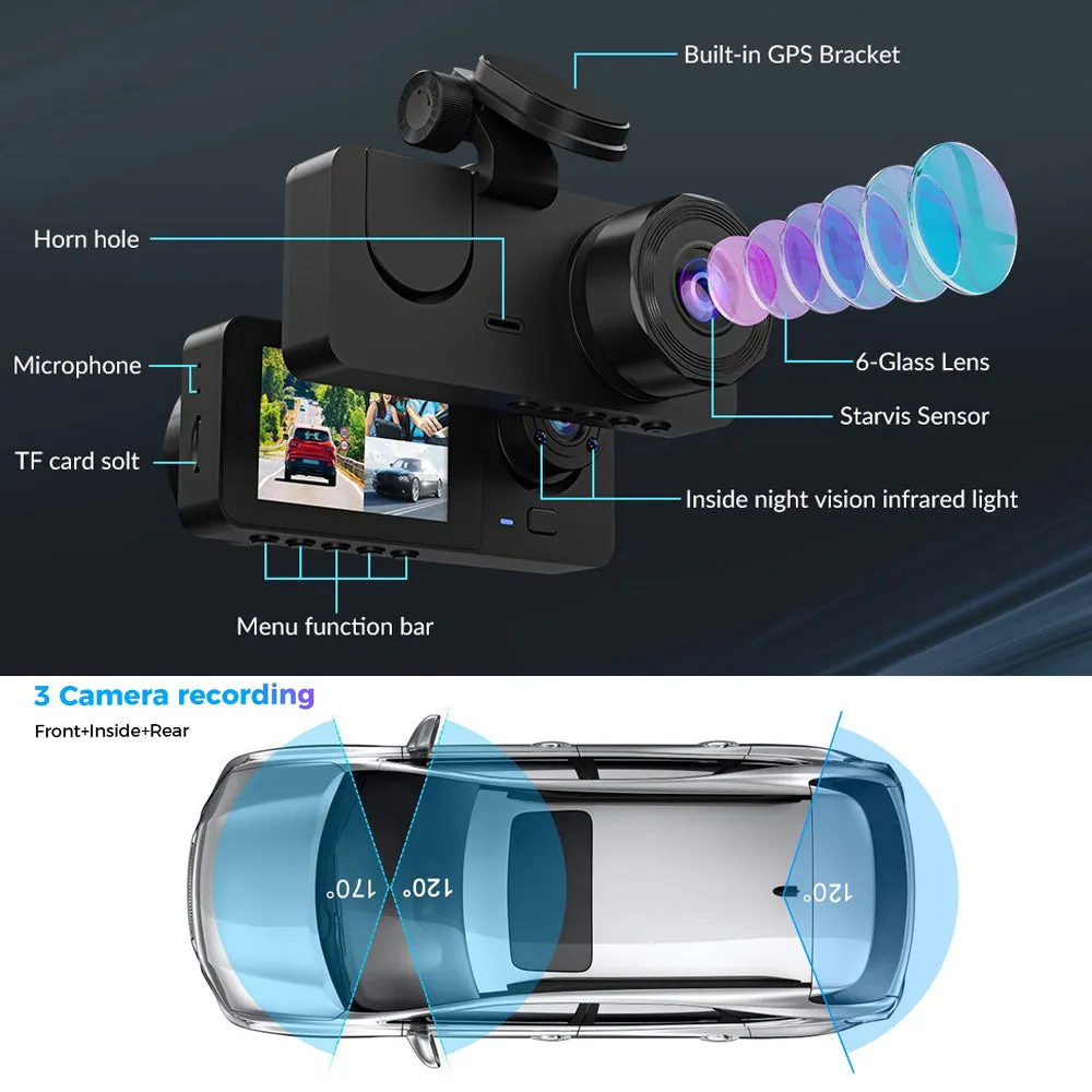 3 Channel Car DVR | HD 1080P | Vehicle Dash Cam | Three-Way Camera | DVR Recorder | 32GB Card