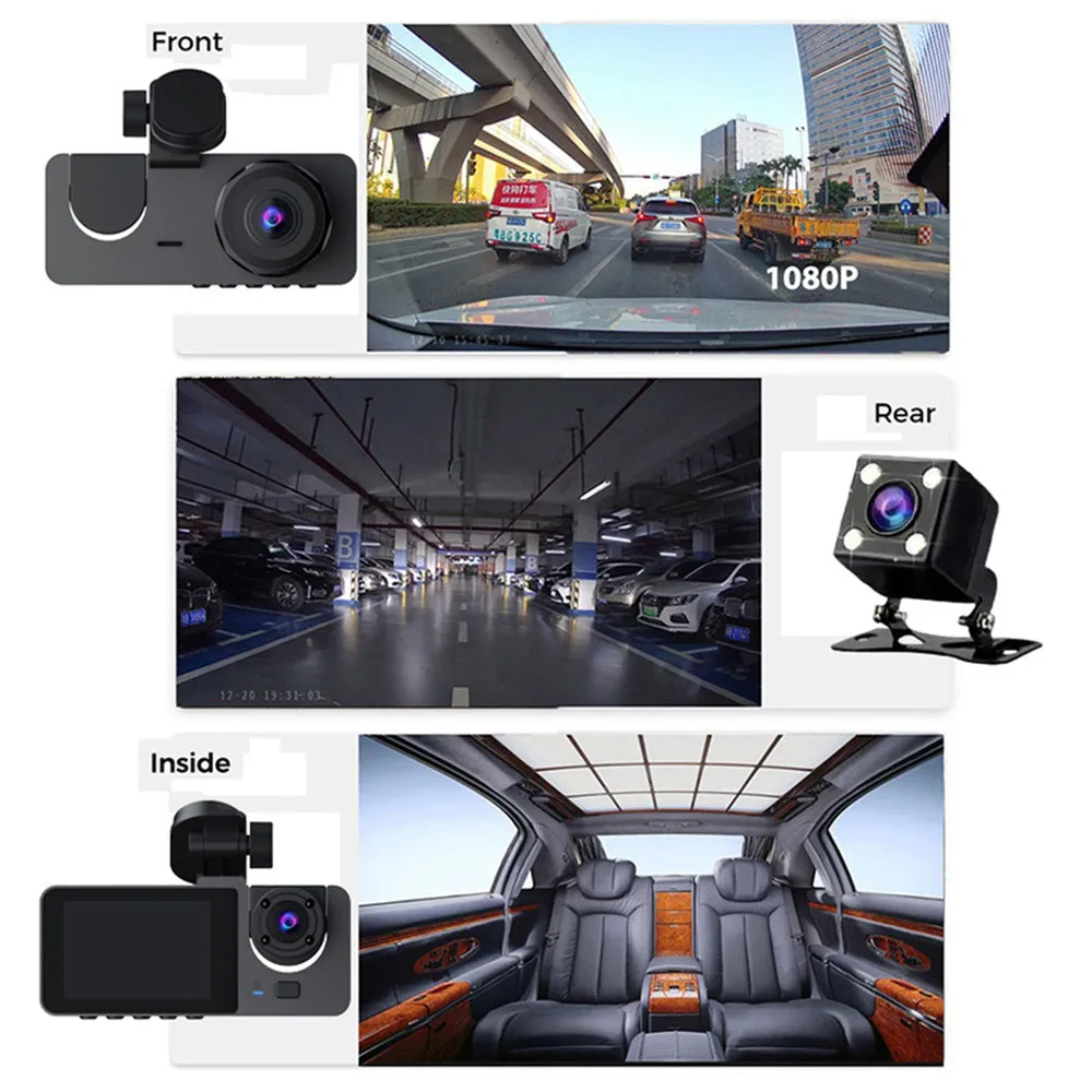 3 Channel Car DVR | HD 1080P | Vehicle Dash Cam | Three-Way Camera | DVR Recorder | 32GB Card
