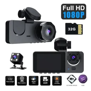 3 Channel Car DVR | HD 1080P | Vehicle Dash Cam | Three-Way Camera | DVR Recorder | 32GB Card