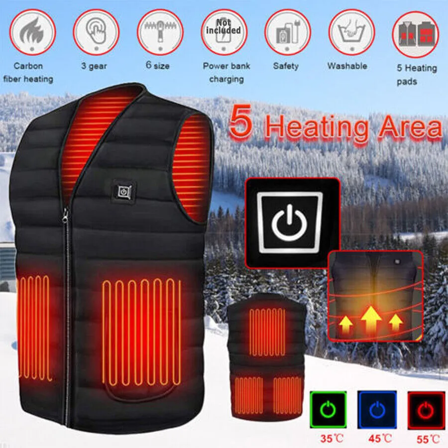 3XL Electric Vest Heated Jacket | USB Thermal Warm Heat Pad | Winter Body Warmer | Unisex