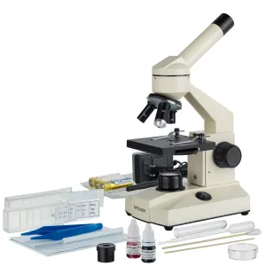 AmScope M100 Series Student Biological Field Monocular Compound Microscope 40X-1000X Magnification with LED Lighting and Slide Preparation Kit