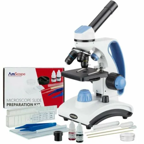 AmScope M162 Series Portable Dual Light Glass Lens Metal Frame Student Monocular Compound Microscope 40X-1000X Magnification with and Slide Kit