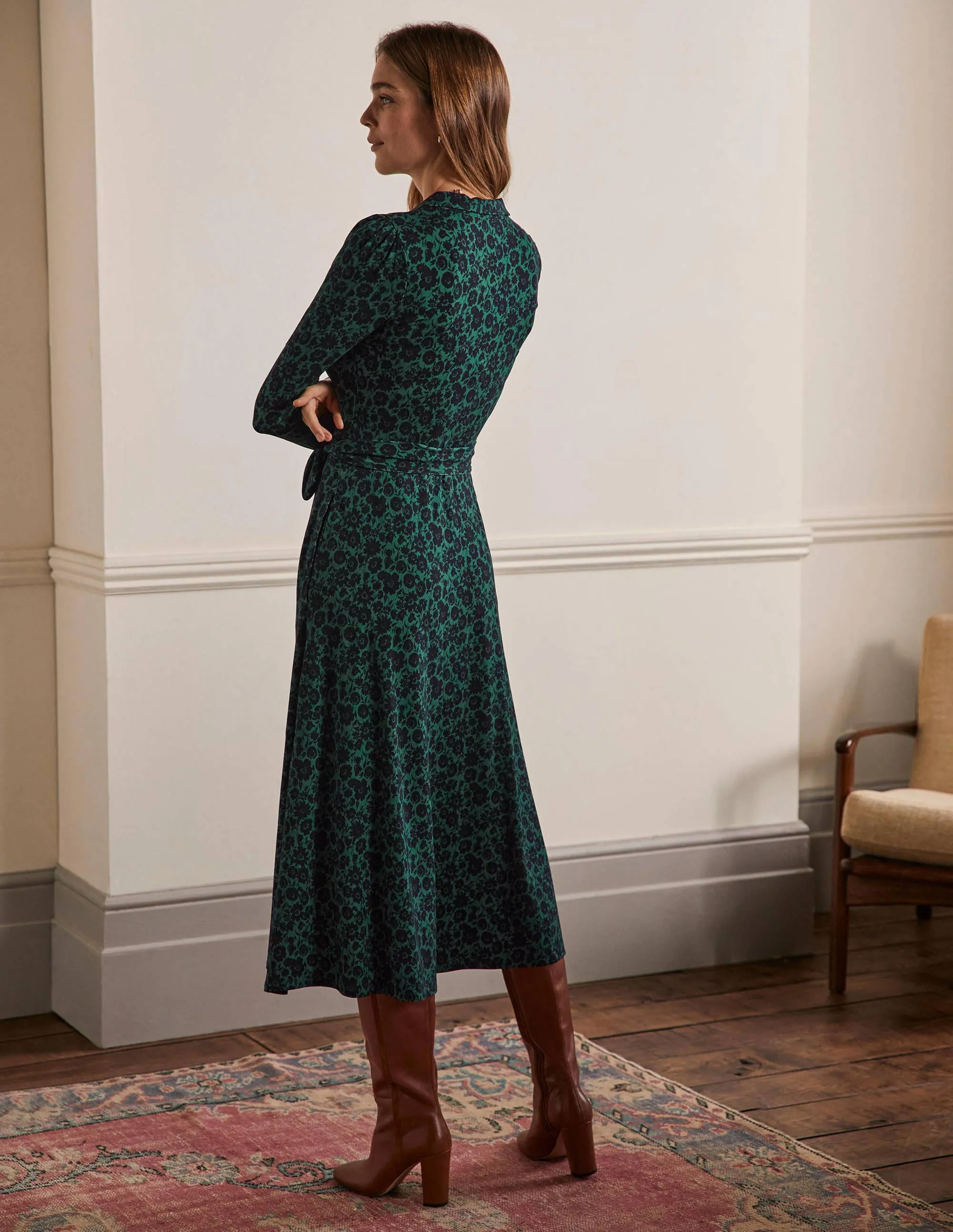 Collar Jersey Midi Dress-Deep Forest, Elegant Bloom