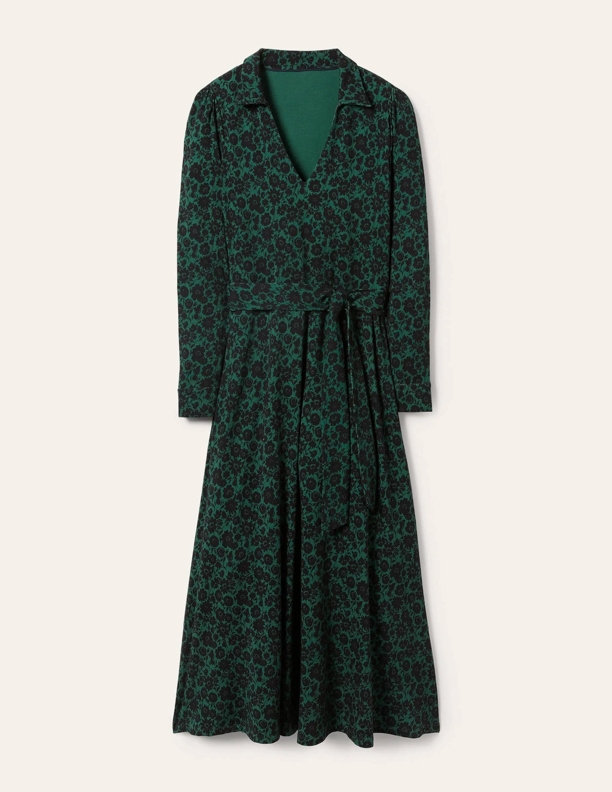 Collar Jersey Midi Dress-Deep Forest, Elegant Bloom
