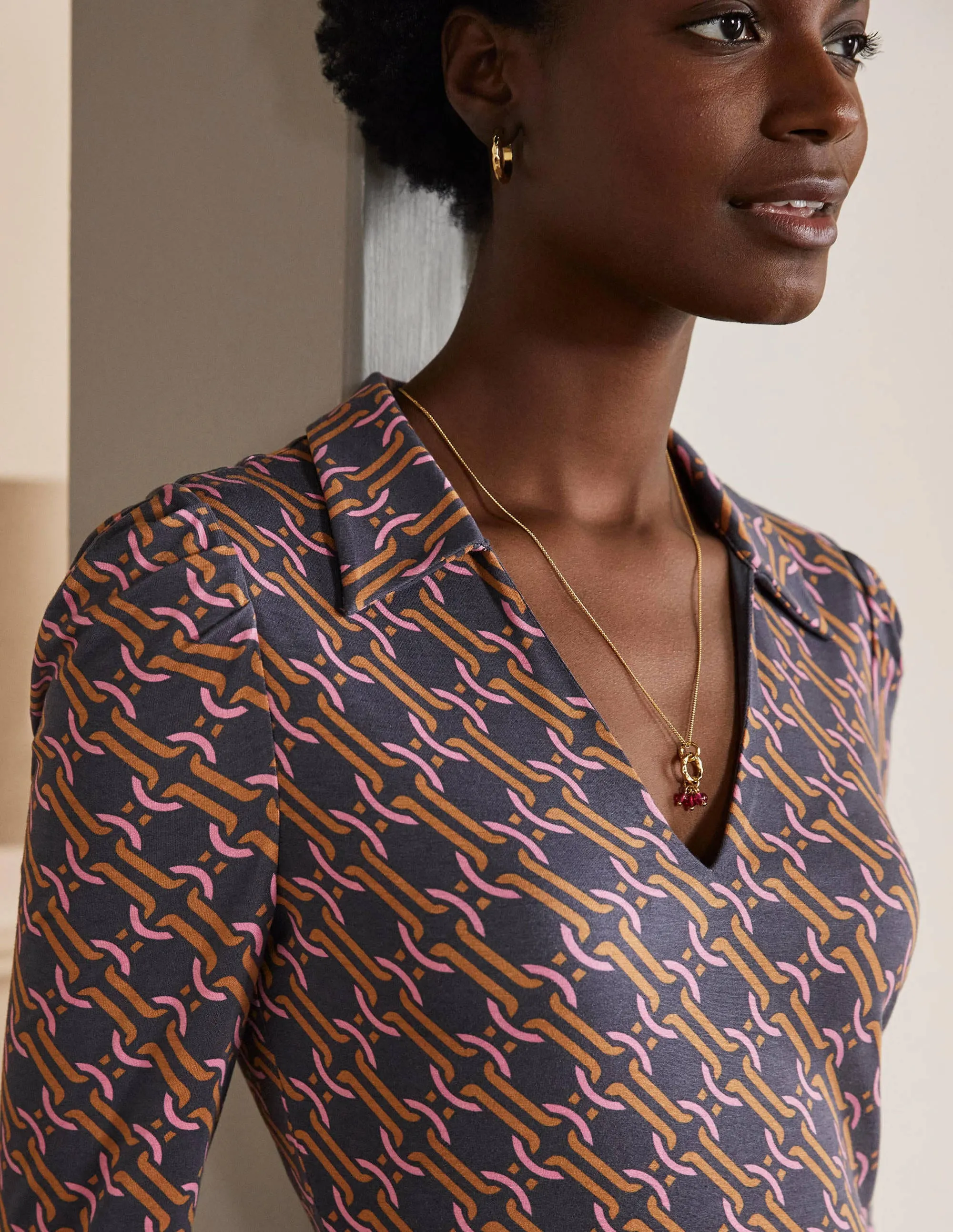 Collar Jersey Midi Dress-Ochre, Chain Geo