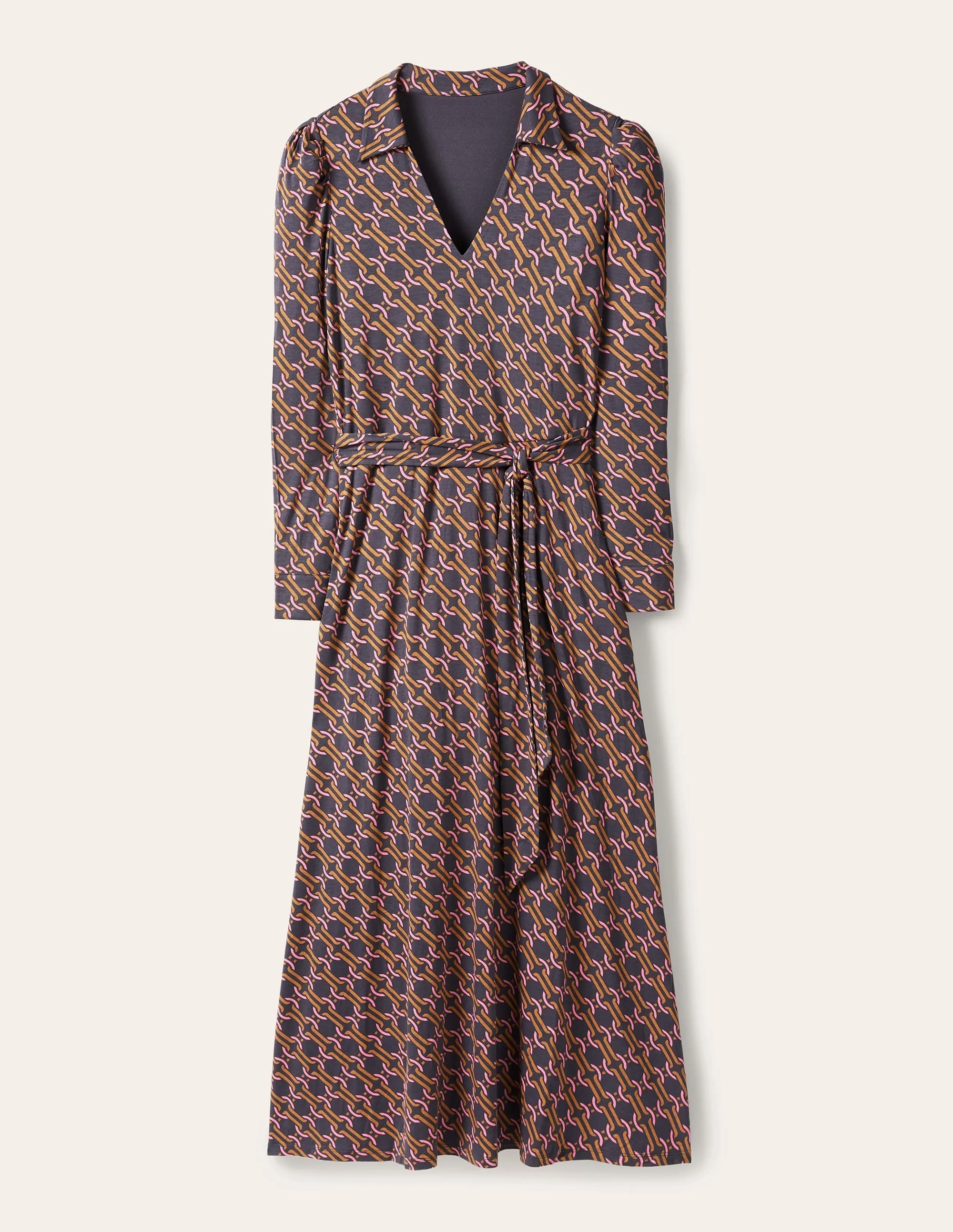 Collar Jersey Midi Dress-Ochre, Chain Geo