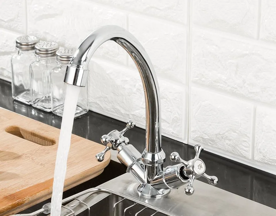 Deck Mounted Dual Handle 360 Degree Rotation Kitchen Faucet