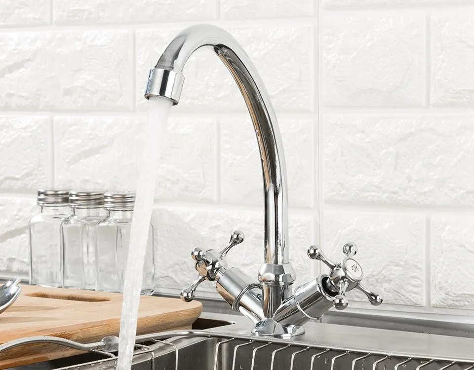 Deck Mounted Dual Handle 360 Degree Rotation Kitchen Faucet