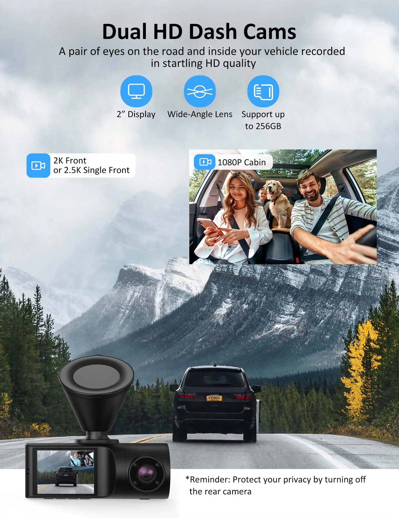 High Definition Dual Dash Cam with Car Charger - SAMOMO 2K/1080P - Enhanced Performance