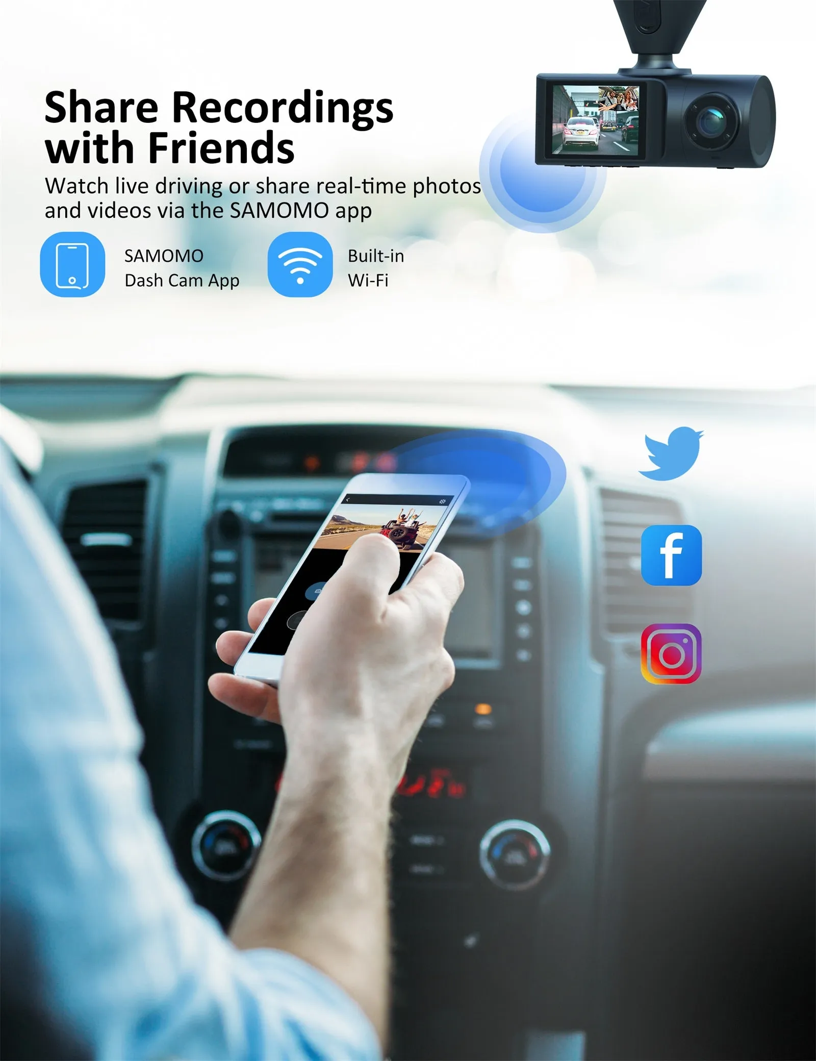 High Definition Dual Dash Cam with Car Charger - SAMOMO 2K/1080P - Enhanced Performance