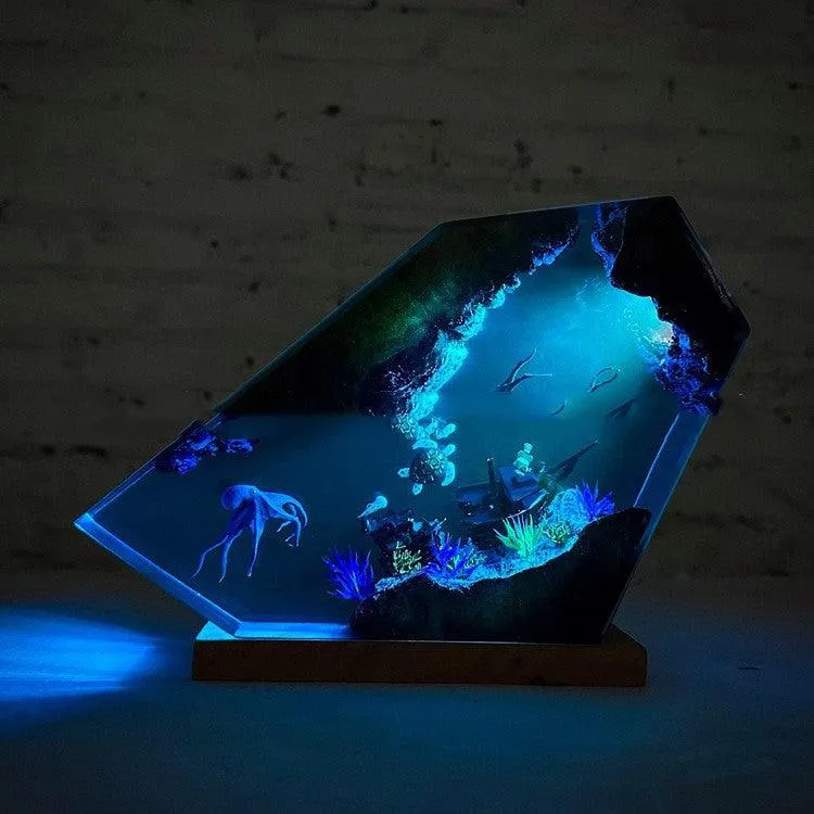 Solid Wood Epoxy Resin Deep Sea World Small Night Lamp